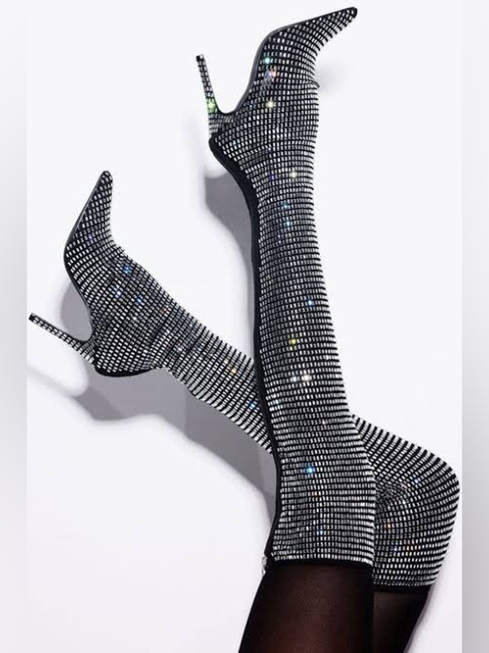 Crystal-Embellished Black Over-the-Knee Stiletto Boots Size 6.5